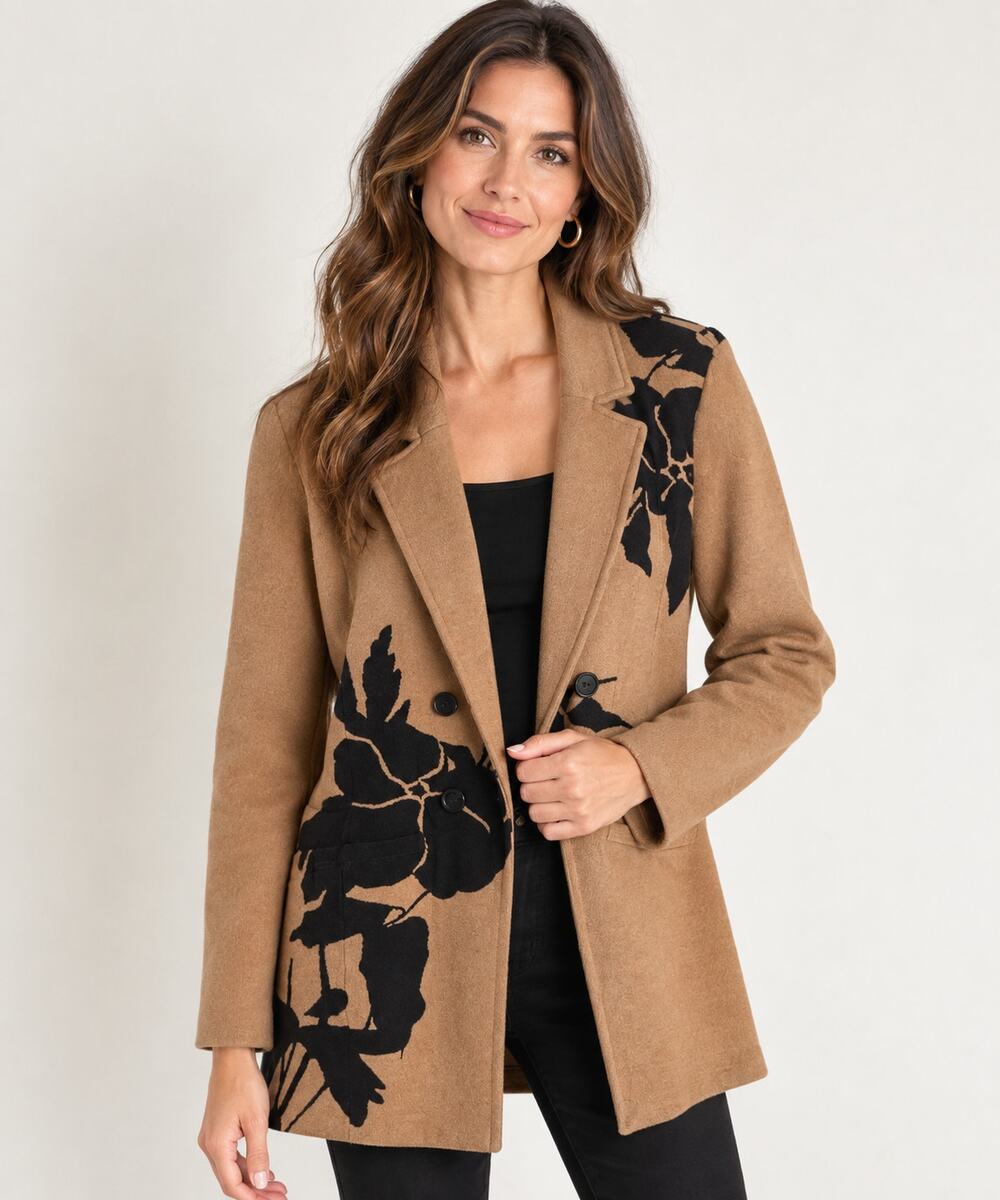 Chico’s 2  or Large Camel Black Floral Double Breasted Knit Sweater Blazer